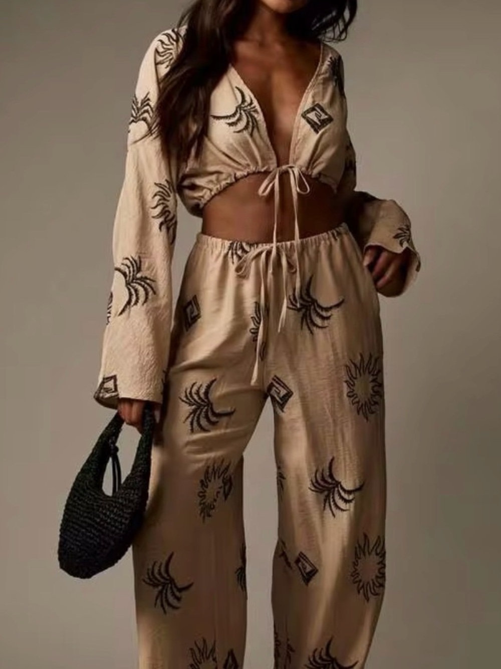 Beige Printed Wide-Leg Lounge Pants